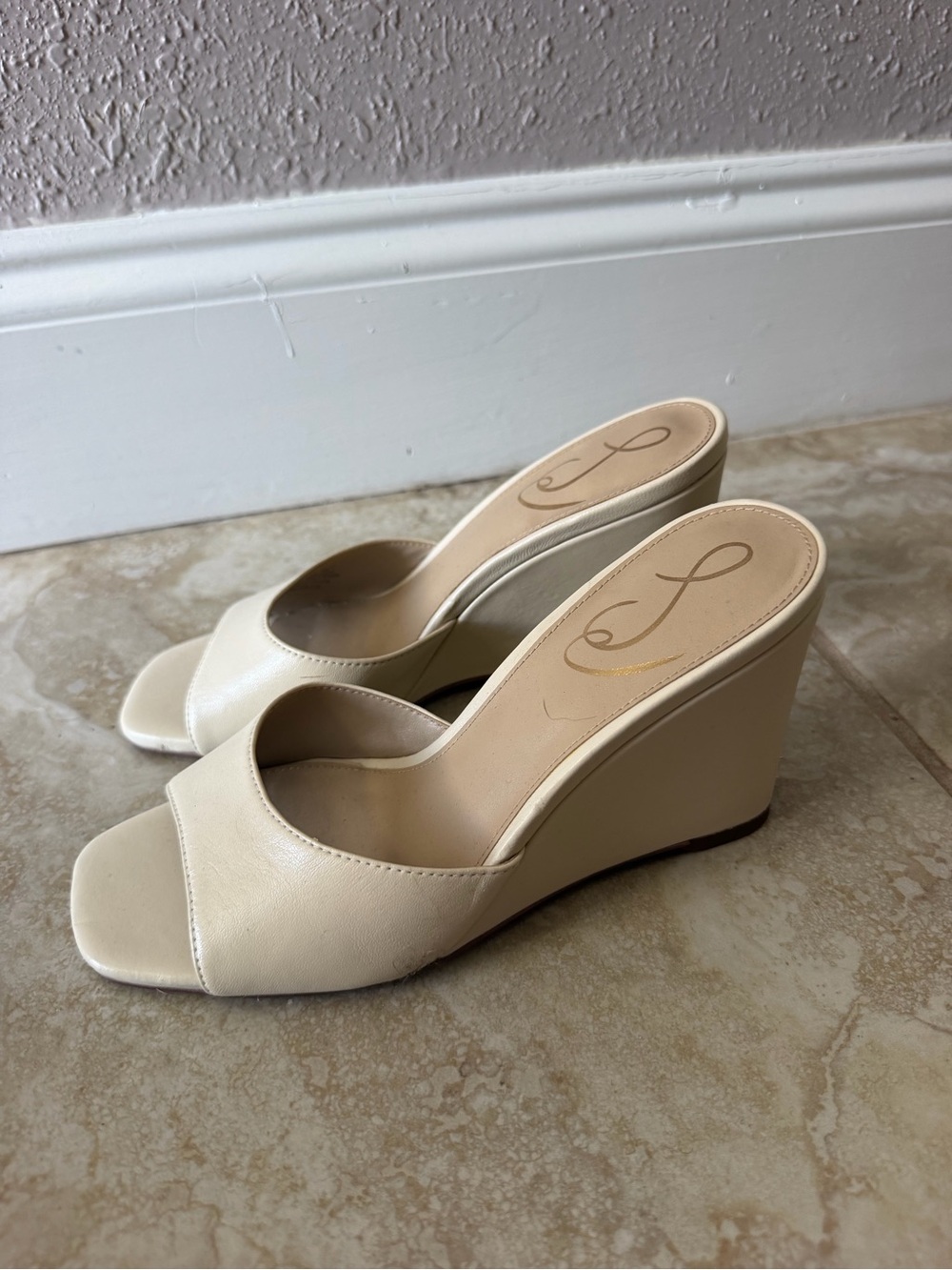 Sam Edelman Neutral Cream Wedge Slide Sandals